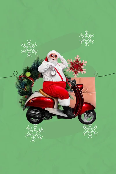 Creative retro 3d magazine collage image of impressed funky santa hurrying delivering xmas gifts isolated painting background.
