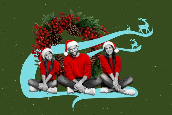 3Dレトロ抽象的な創造的なアートワークテンプレートのコラージュ笑顔の家族が一緒に孤立した絵画の背景を楽しんでクリスマスの時間 — ストック写真