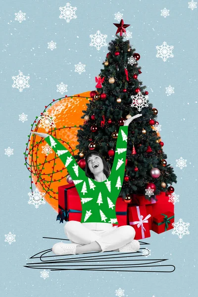 Collage 3d image of pinup pop retro sketch of excited funny lady sitting under xmas pine hiding huge big orange isolated painting background.