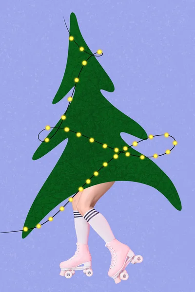 在蓝色背景下孤立的无身体女童冷杉树而不是身体乘坐轮滑冰鞋的垂直创造性图片说明 — 图库照片