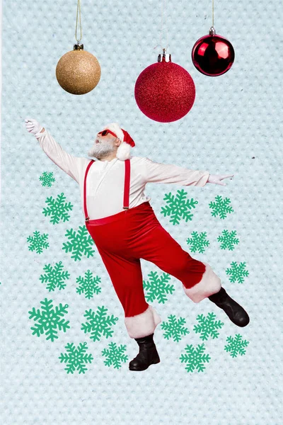 Колаж Фото Банер Старого Віку Пенсіонер Санта Клаус Танцює Святкувати — стокове фото