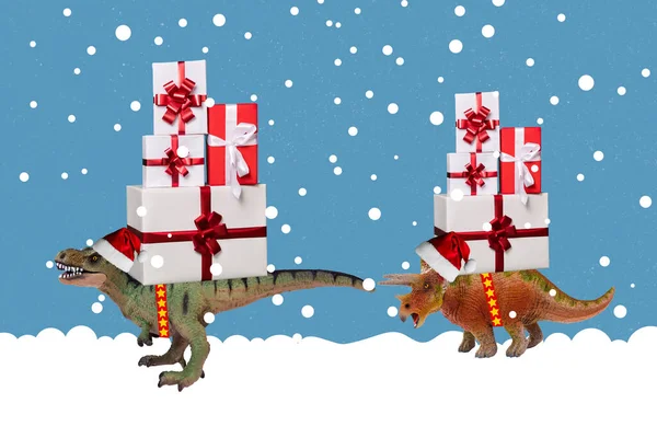 Креативне Ретро Журналне Зображення Смішних Фанк Динозаврів Поставляють Різдвяні Подарунки — стокове фото