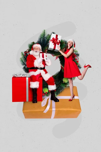 Collage Foto Santa Claus Hjälpare Hålla Nya Presentförpackning Med Elektronik — Stockfoto