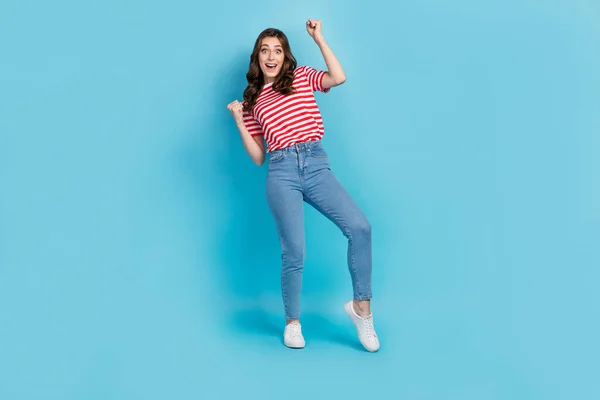 Full Length Photo Lucky Excited Lady Wear Striped Shirt Smiling — Stock Photo, Image