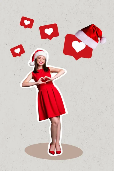 Vertical creative picture of pretty girl wear red dress hands showing heart gesture x-mas noel like notifications instagram twitter facebook.
