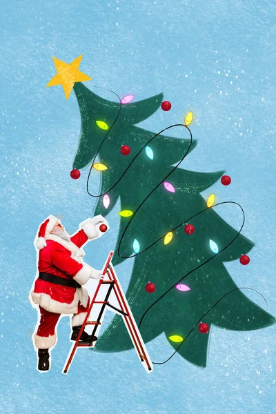 Vertikal Kreative Foto Collage Illustration Der Positiven Weihnachtsmann Schmückt Weihnachtsbaum — Stockfoto
