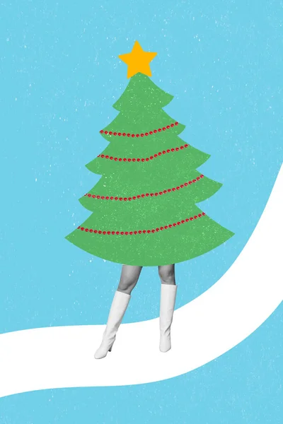 黒の白い効果の少女の足の垂直コラージュイラスト描かれた背景に隔離されたクリスマスツリーを描く — ストック写真