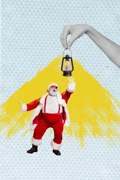 Colagem Foto Cartaz Pensionista Homem Desgaste Vermelho Traje Dança Olhar — Fotografia de Stock