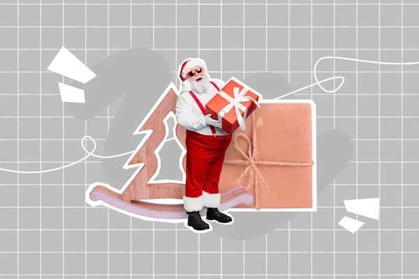 Kompozytowy Kolaż Obraz Podekscytowany Funky Mini Santa Claus Trzymać Giftbox — Zdjęcie stockowe