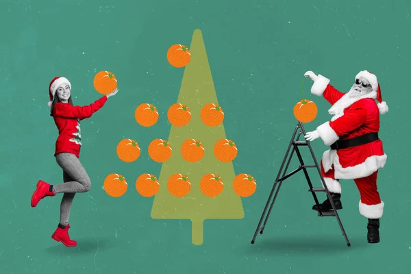 Koláž Ilustrace Vzrušený Funky Santa Dívka Helper Hold Závěsné Dýně — Stock fotografie