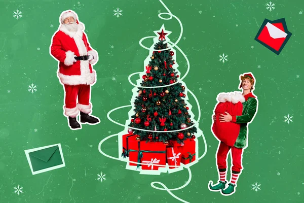 Kreative Foto Collage Illustration Der Guten Laune Positive Weihnachtsmann Elf — Stockfoto
