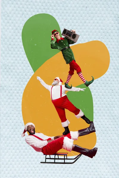 Kolaż Plakat Zdjęcie Pomocników Santa Młodzieży Podekscytowany Sezon Saneczkowy Zima — Zdjęcie stockowe
