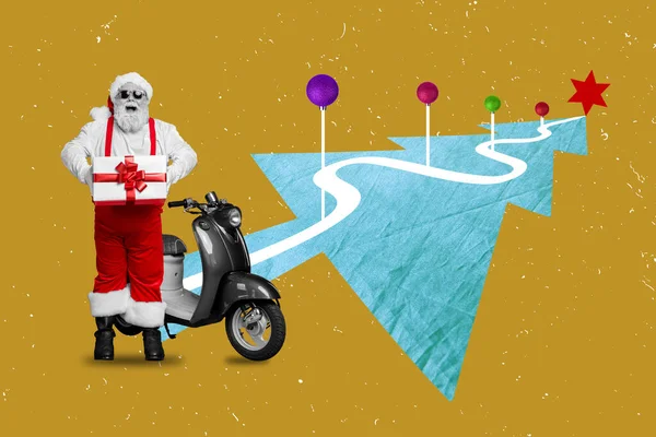 Heyecanlı Funk Noel Baba Nın Sanat Dergisi Kolajı Motosiklet Noel — Stok fotoğraf