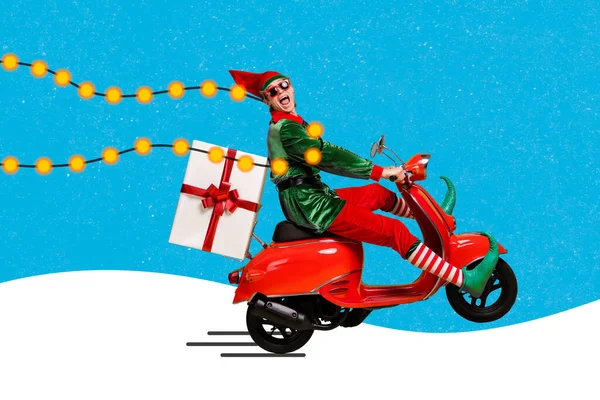 Moped Kullanan Heyecanlı Elf Kostümlü Adamın Yaratıcı Kolaj Görüntüsü Şenlikli — Stok fotoğraf