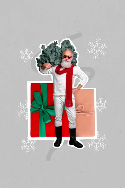 Vertical Collage Picture Grandfather Hold Newyear Tree Big Present Painted — Stock Photo, Image