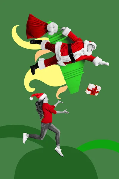Креативна Фотографія Колаж Художній Плакат Листівка Фотографія Літаючого Санта Клауса — стокове фото