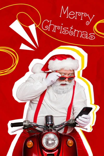 Vertikal Collage Mas Bild Imponerad Äldre Santa Sit Moped Cykel — Stockfoto