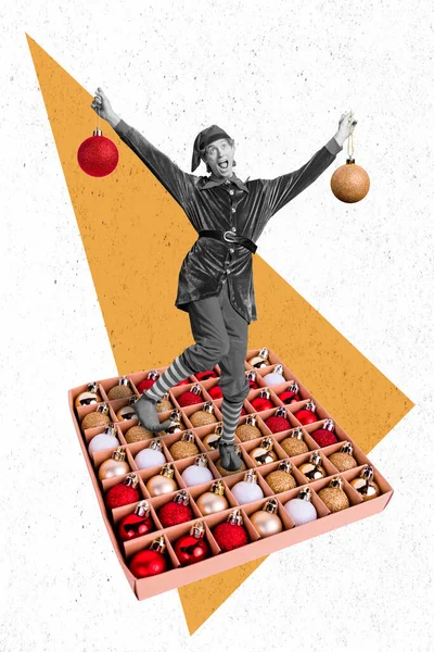 垂直コラージュ画像のファンキー励起黒自己男スタンド大XmasおもちゃボックスホールドBables孤立した上の創造的な背景 — ストック写真