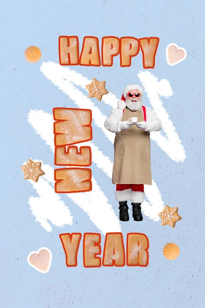 垂直的照片拼贴画搞笑的积极乐观的桑塔克洛斯举杯祝新年快乐与蓝色背景隔离 — 图库照片