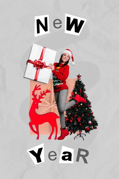 콜라주 인사말 콜라주 포스터걸 산타가 점프를 선물을 새해가 배경에 고립된 — 스톡 사진