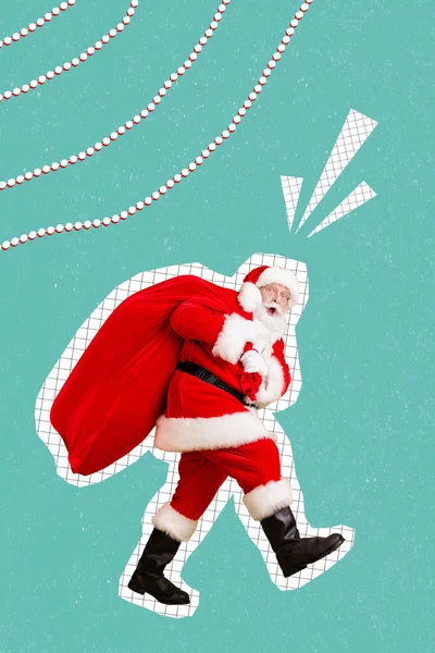 Collage Vertical Imagen Edad Impactada Santa Claus Llevar Gran Saco —  Fotos de Stock