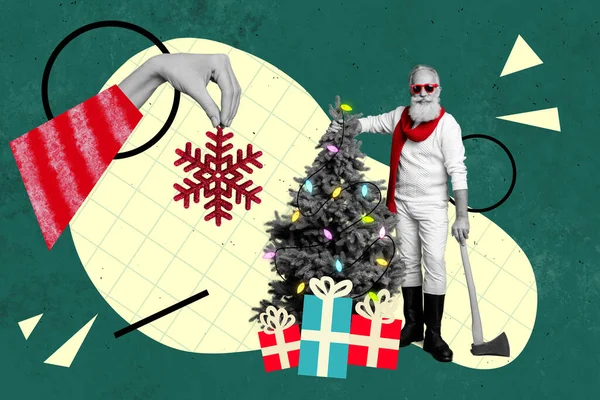 Kreativ Collage Mossen Arm Svart Vit Gamma Hålla Snöflinga Träd — Stockfoto