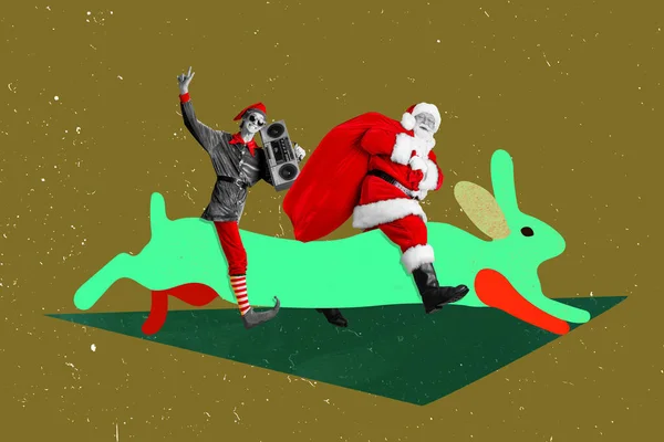 图片草图图片拼贴图片时髦可笑的桑塔精灵骑着兔子送圣诞礼物的图片孤立的图画背景 — 图库照片