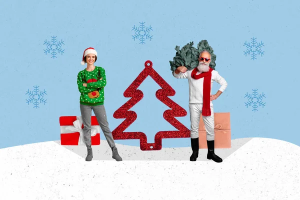 爷爷抱着圣诞树女孩的复合拼贴图像在漆成的雪花背景上相互隔离 — 图库照片