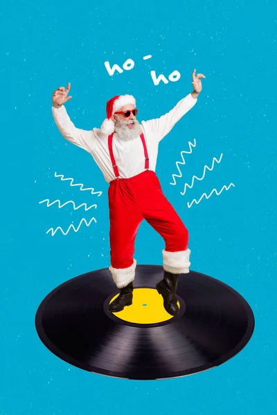 Vertikale Collage Des Aufgeregten Großvaters Weihnachtsmann Tanzen Chillen Große Schallplatte — Stockfoto
