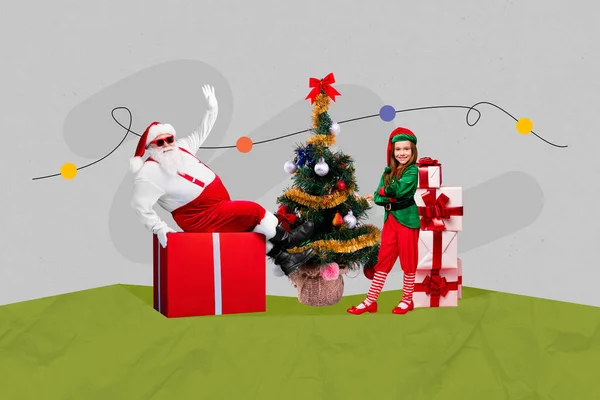 Kreativ Collage Bild Funky Åldern Santa Sitta Stor Presentbox Liten — Stockfoto