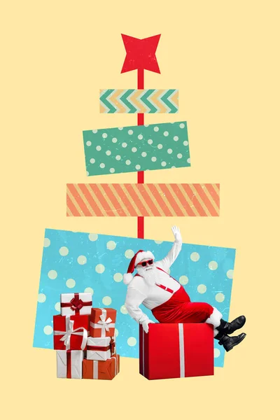 Creativa Foto Collage Ilustraciones Cartel Postal Tarjeta Divertido Funky Santa — Foto de Stock