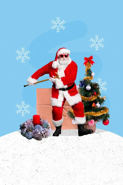 Vertikalt Collage Funky Glada Morfar Santa Hold Stick Dans Dekorerade — Stockfoto