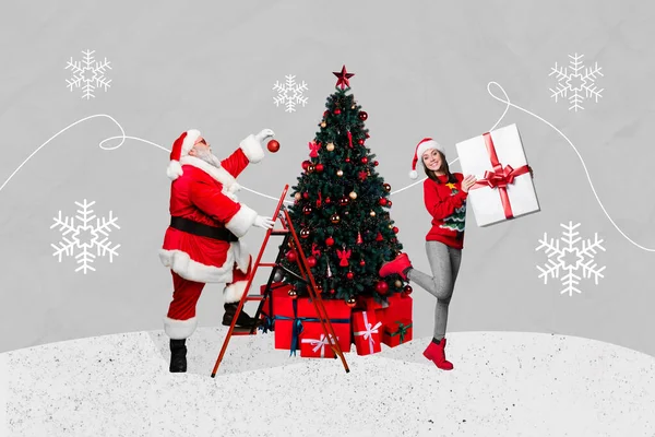 Kreativ Collage Upphetsad Flicka Hålla Presentförpackning Cool Santa Klätterstege Hänga — Stockfoto