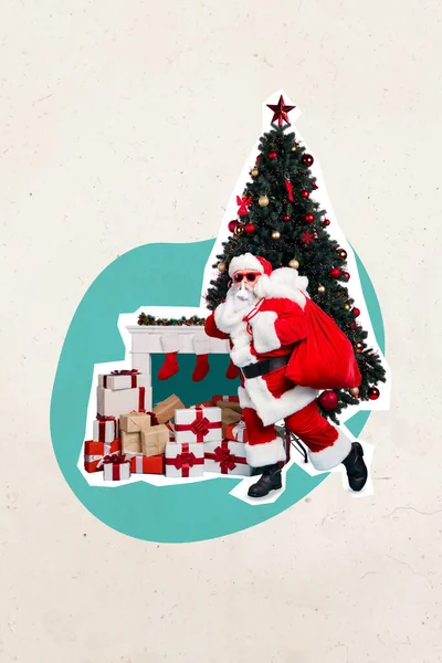 3Dレトロ抽象的な創造的なアートワークテンプレートのコラージュのファンキーなサンタクラスこっそり屋内ハウスクリスマスインテリア持って来るプレゼント袋 — ストック写真