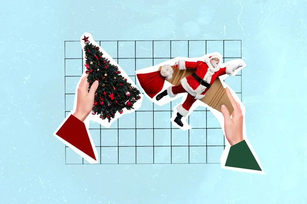 有创意的抽象模板拼贴手拿着圣诞圣诞树装饰品三爪飞天超人包递送 — 图库照片