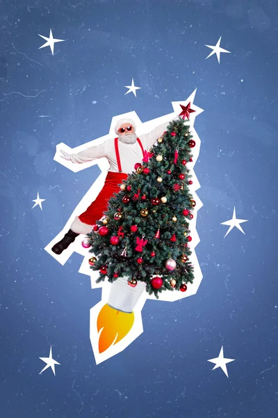 Вертикальное Коллажное Изображение Фанки Санта Клауса Летящего Украшенной Новогодней Елкой — стоковое фото