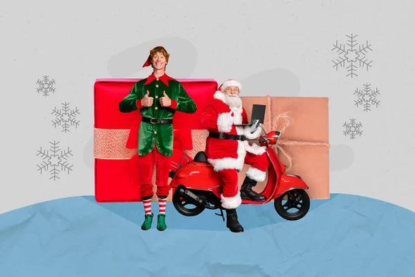 Minyatür Elf Kolaj Resmi Noel Baba Gösteriyor Motosiklet Defteri Kullanıyor — Stok fotoğraf