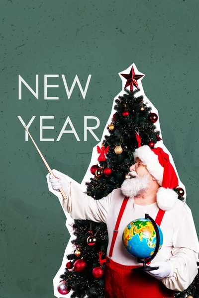 클로스의 창의적 포스터 콜라주 Colorses Santa Claus 선생님의 코스튬에 지구본 — 스톡 사진