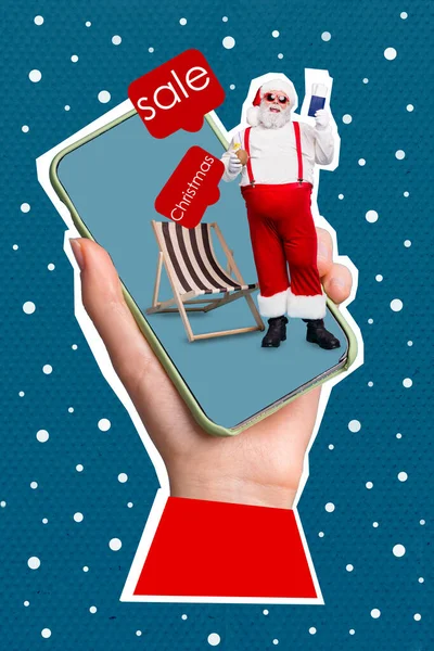 Disegno Creativo Collage Foto Braccio Dispositivo Telefono Babbo Natale Costume — Foto Stock