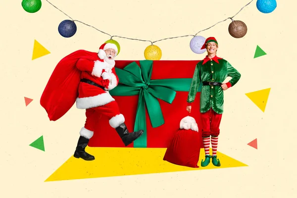 Творчий Колаж Зображення Збудженого Смішного Міні Санта Клауса Ельфа Хлопця — стокове фото