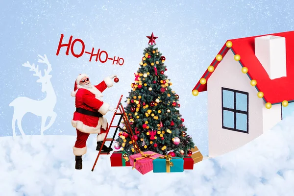 Композитная Картина Коллажа Смешной Санта Клаус Подняться Лестнице Украшать Новогоднюю — стоковое фото