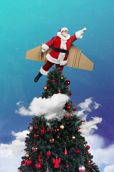 Kreatywne Zdjęcie Kolaż Grafika Plakat Pocztówka Śmieszne Funky Santa Szybki — Zdjęcie stockowe