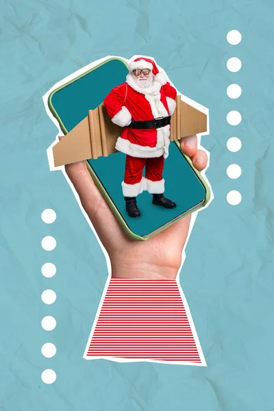 Creative Poster Collage Arm Holding Gadget Device Little Santa Claus — Stock Photo, Image