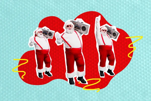 Kreatywny Plakat Collage Energiczny Zabawny Funky Trzy Mikołaje Klauzule Stroje — Zdjęcie stockowe