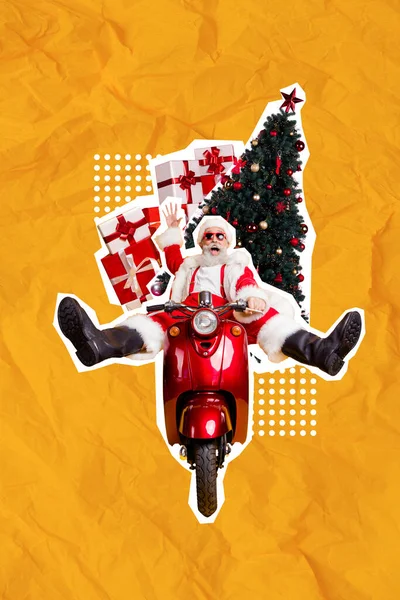 Soyut Sanat Eseri Kolajı Komik Funky Noel Baba Sürüşü Hemencecik — Stok fotoğraf