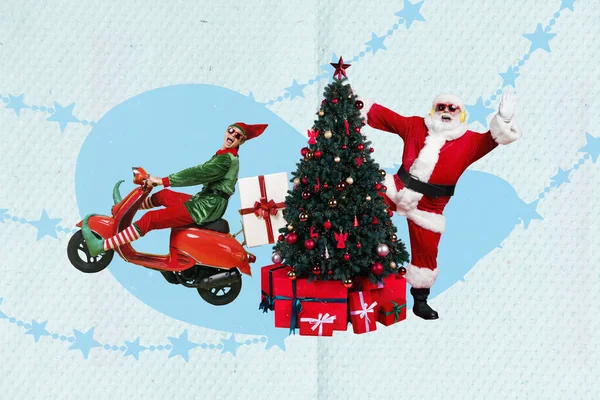 Colagem Tendência Criativa Enérgico Papai Noel Ano Novo Natal Árvore — Fotografia de Stock