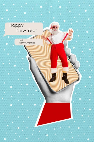 手持式电话触摸屏销售桑塔爪吊坠快乐新年太阳镜的复合拼贴图像 — 图库照片