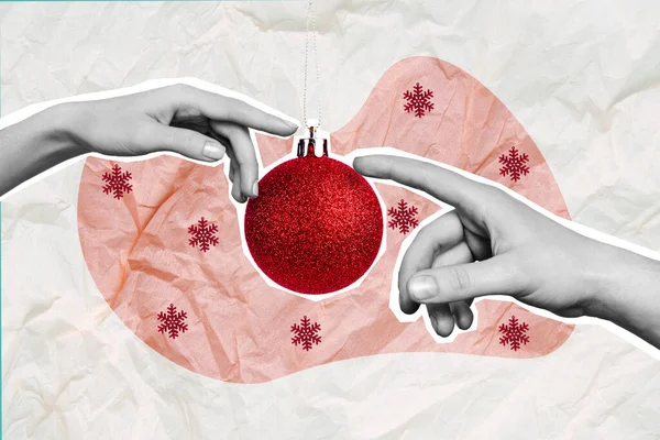 Disegno Creativo Immagine Collage Braccia Toccando Nuovo Anno Albero Natale — Foto Stock