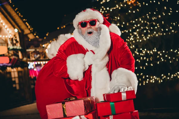 Photo Funky Excited Astonished Santa Carry Presents Bag Pile Stack — Stock Photo, Image