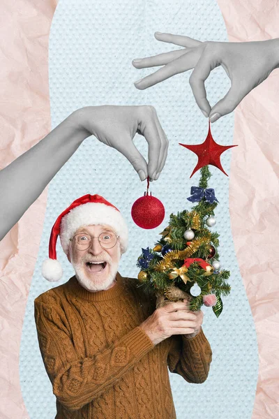 Kreative Foto Collage Kunstwerk Poster Postkarte Von Überglücklichen Alten Rentner — Stockfoto